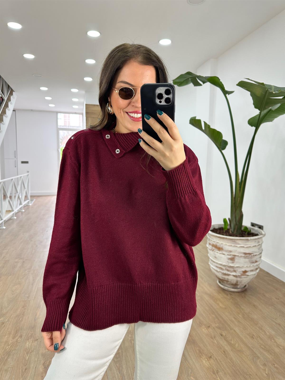 Omzu Çıtçıtlı Balıkçı Yaka Kazak-Bordo