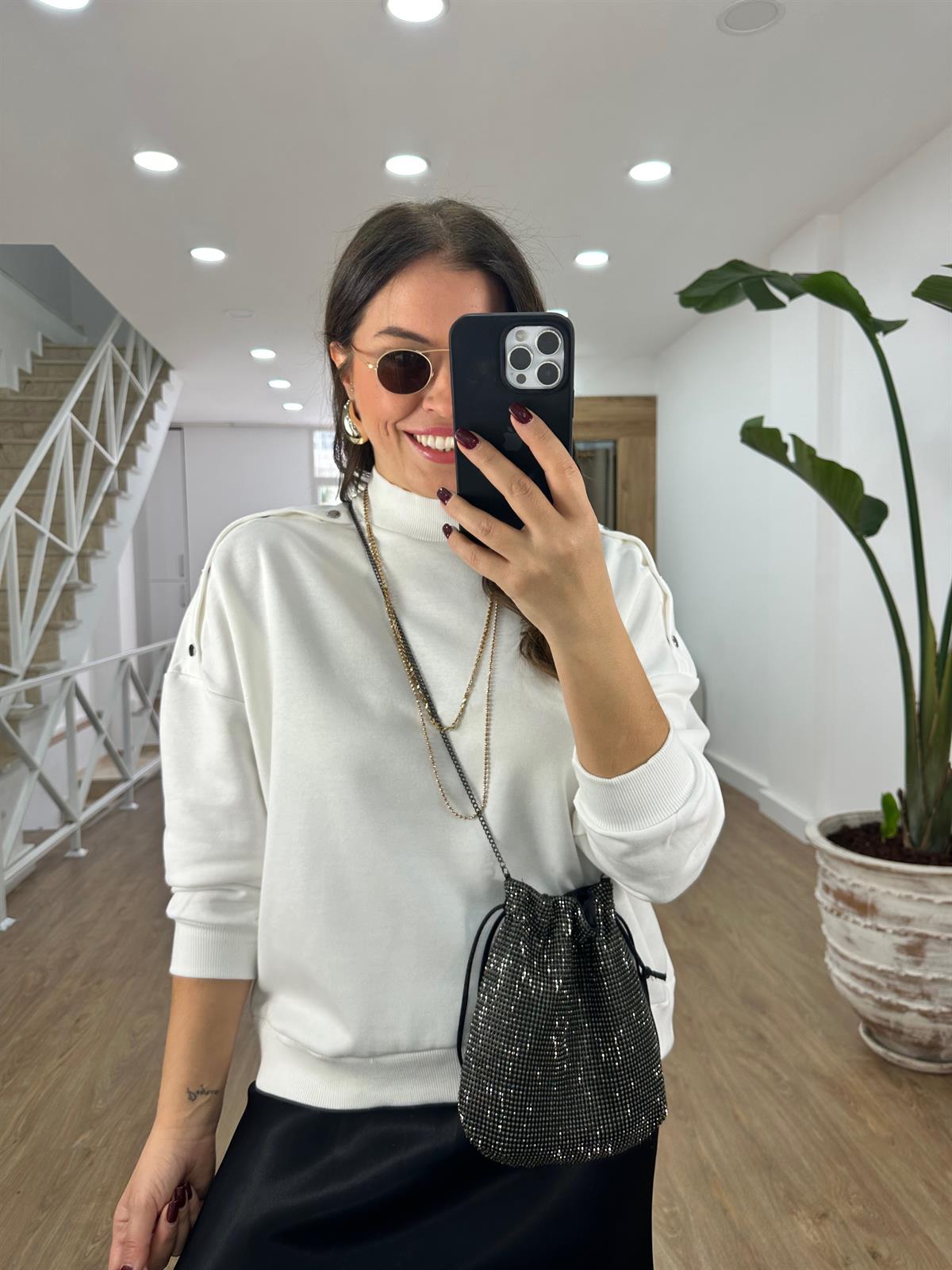Omzu Çıtçıtlı Basic Sweatshirt-Ekru