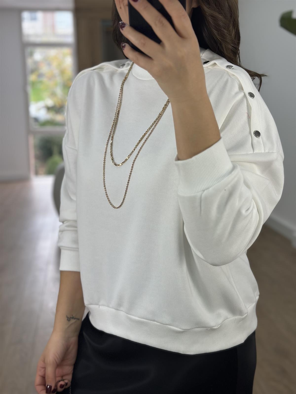 Omzu Çıtçıtlı Basic Sweatshirt-Ekru