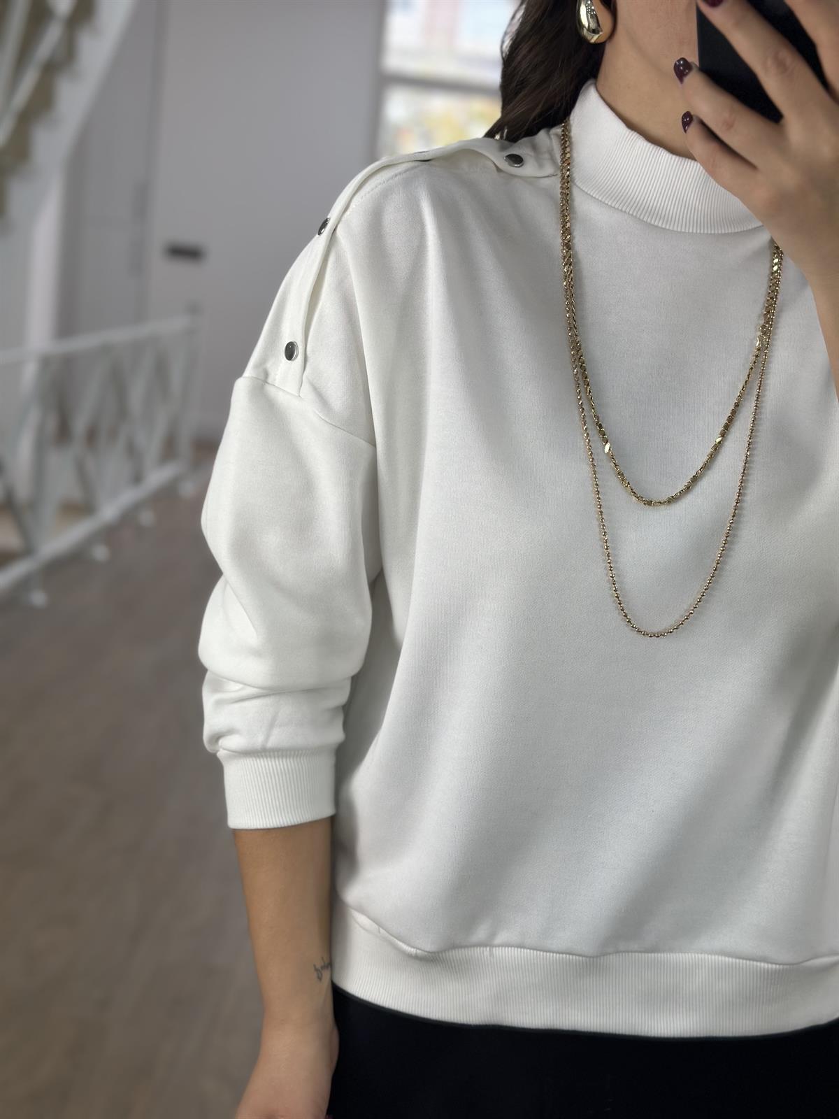 Omzu Çıtçıtlı Basic Sweatshirt-Ekru