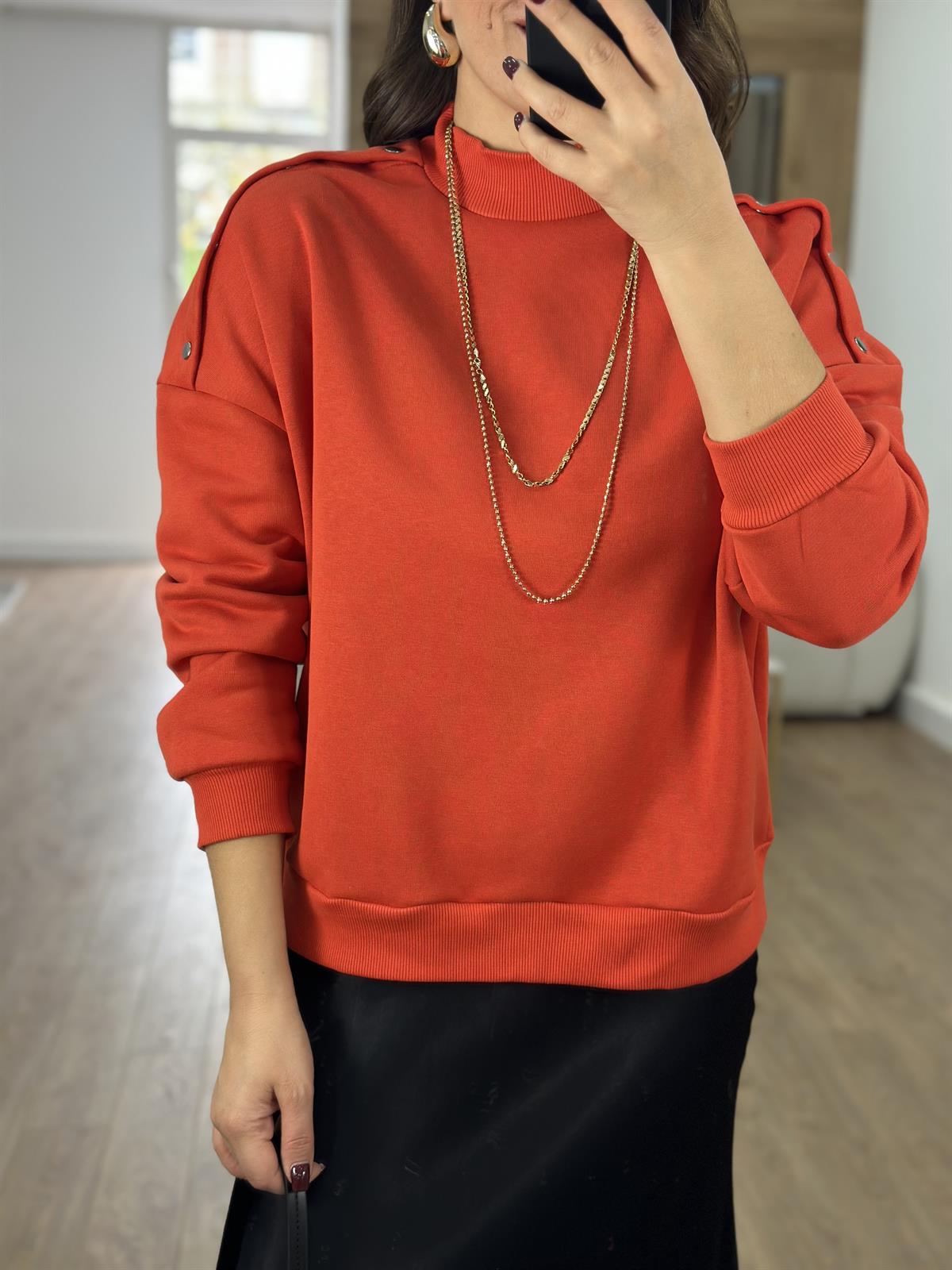 Omzu Çıtçıtlı Basic Sweatshirt-Kırmızı