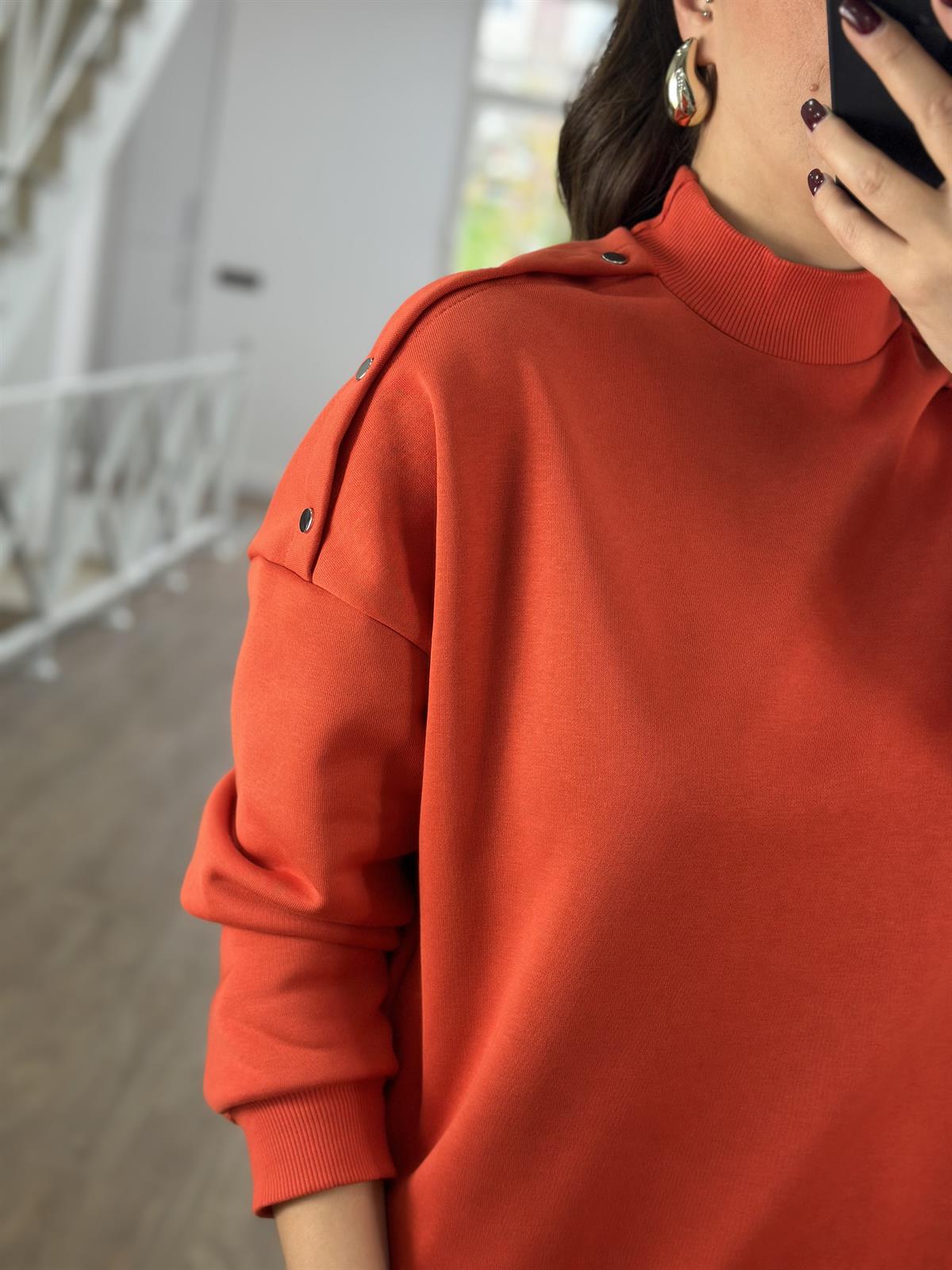 Omzu Çıtçıtlı Basic Sweatshirt-Kırmızı