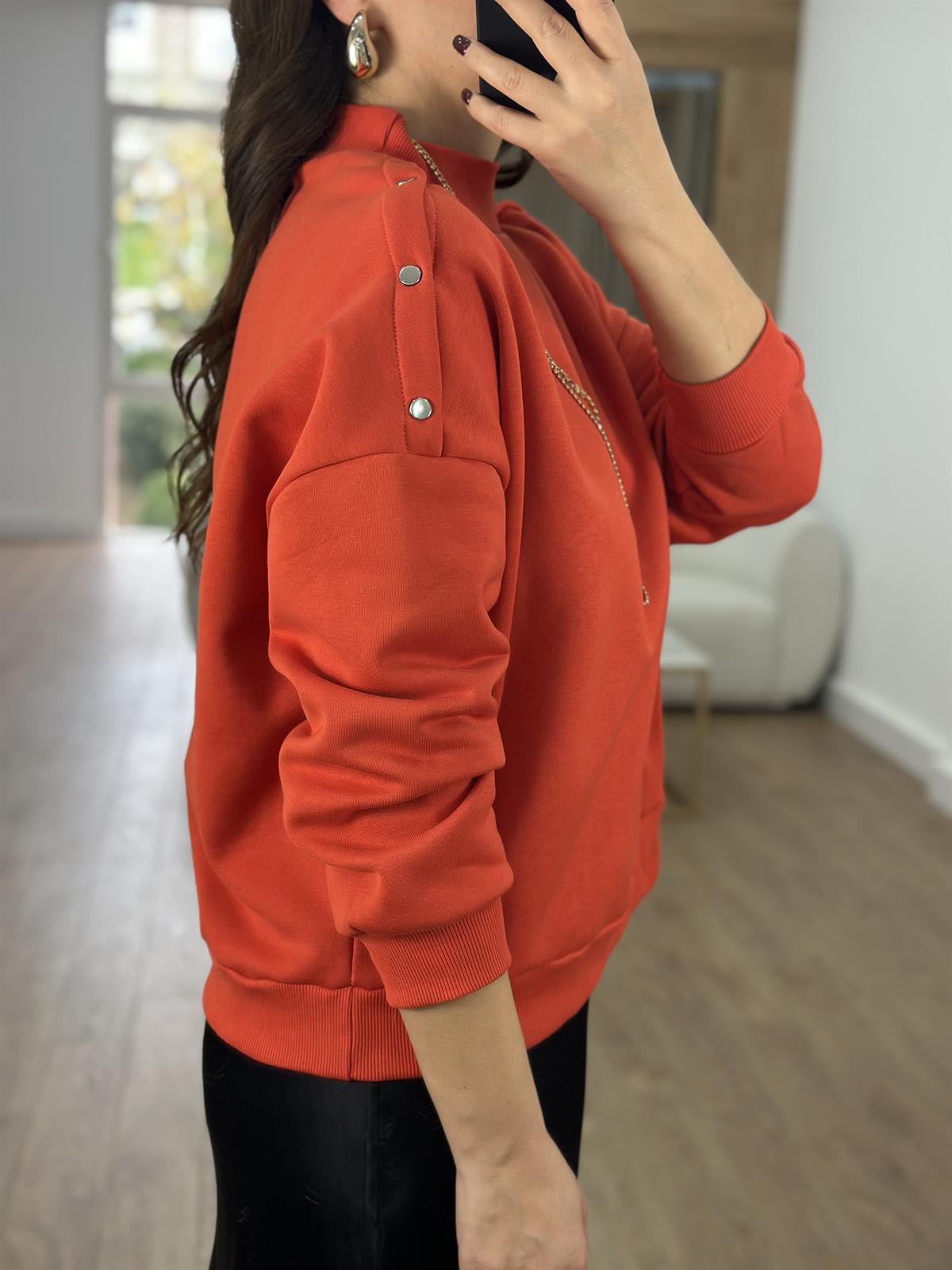 Omzu Çıtçıtlı Basic Sweatshirt-Kırmızı