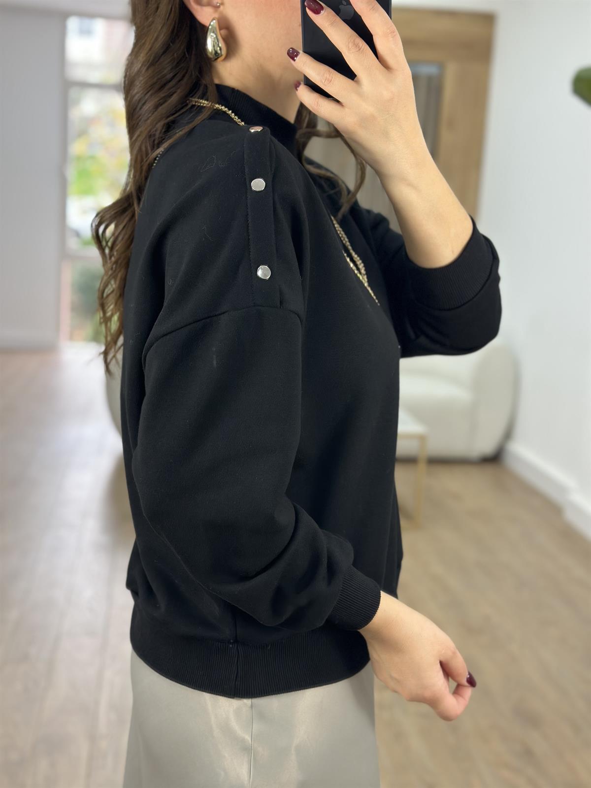 Omzu Çıtçıtlı Basic Sweatshirt-Siyah