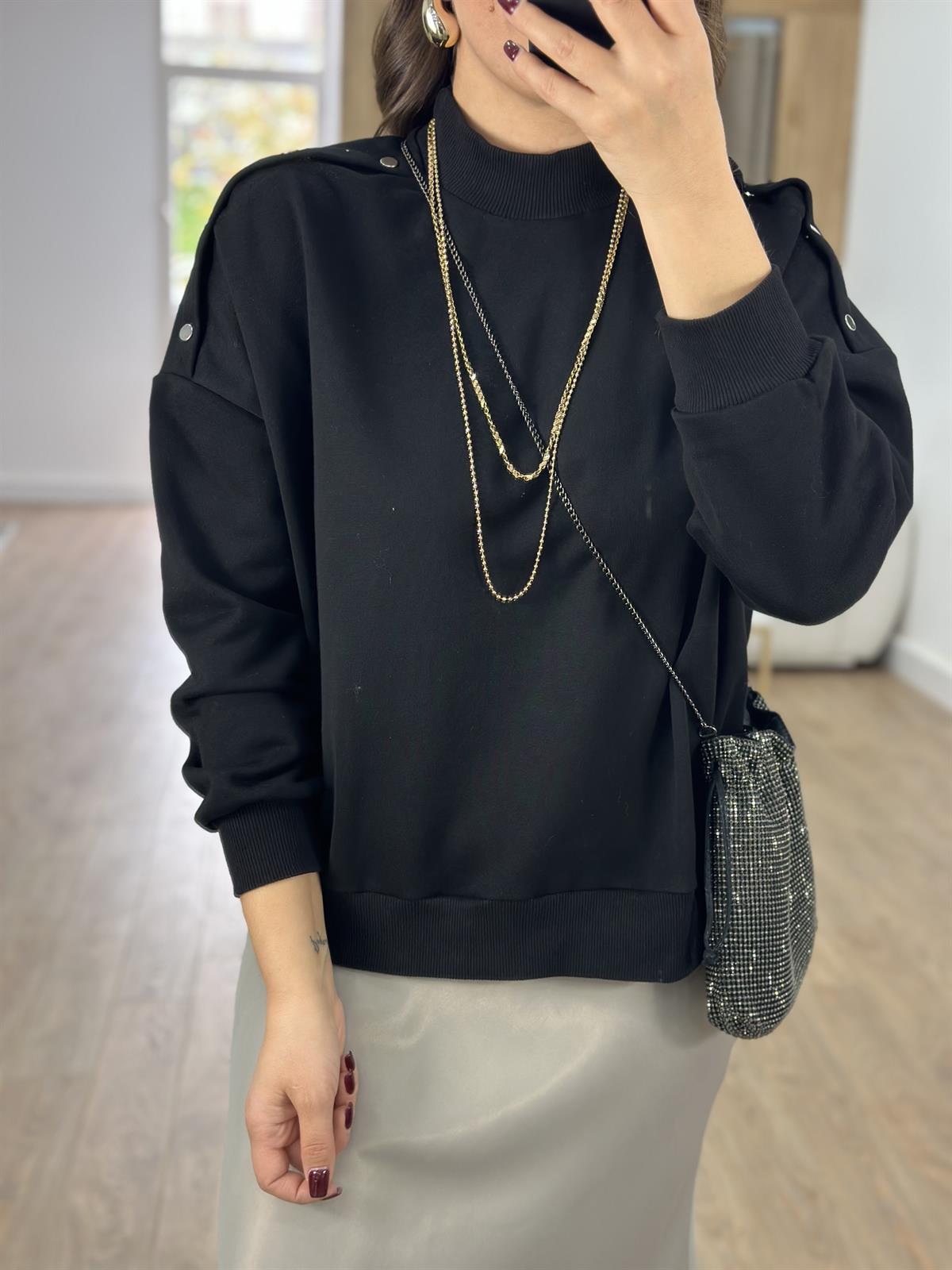 Omzu Çıtçıtlı Basic Sweatshirt-Siyah