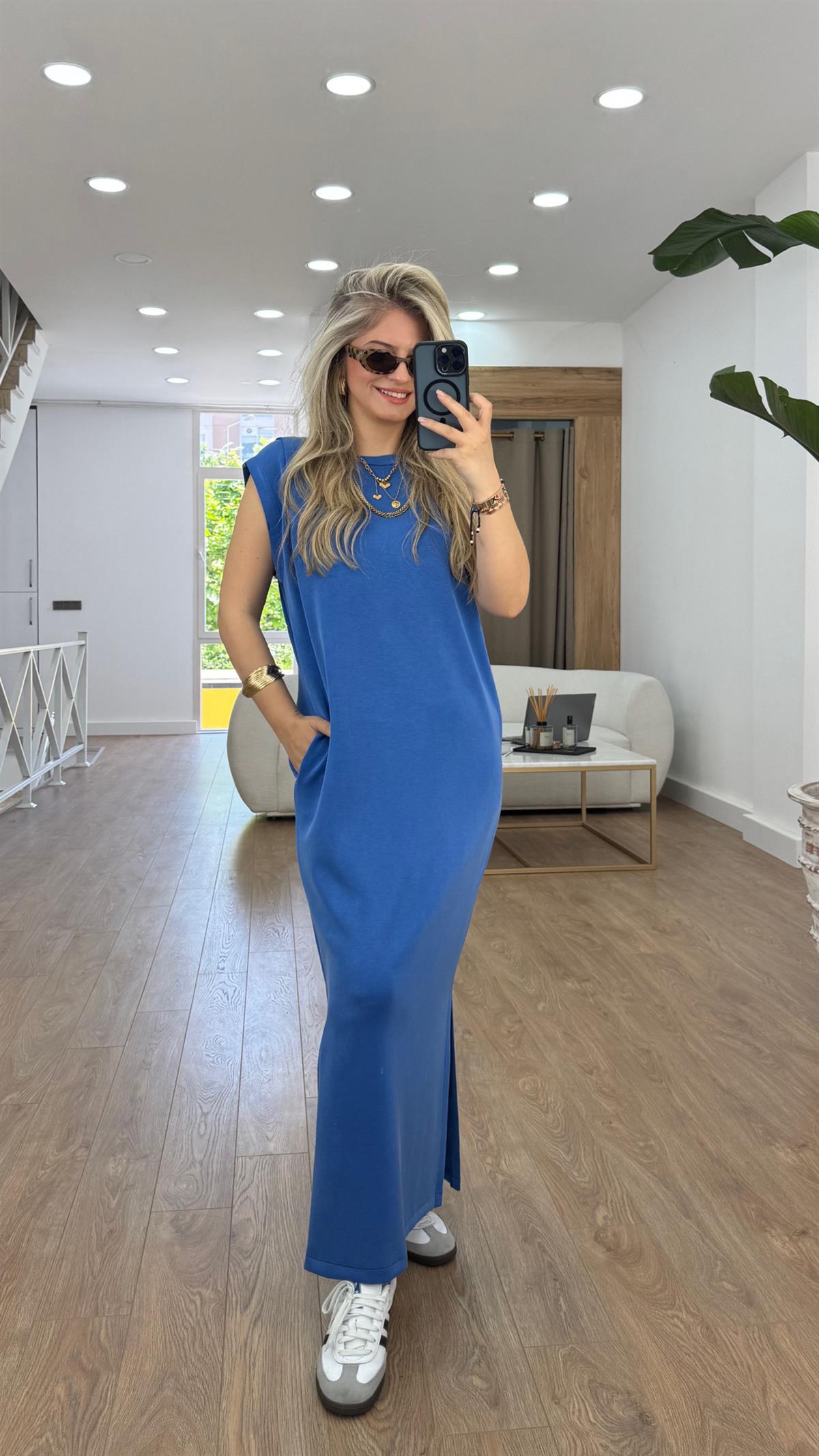 Omzu Pensli Maxi Boy Modal Elbise-Mavi