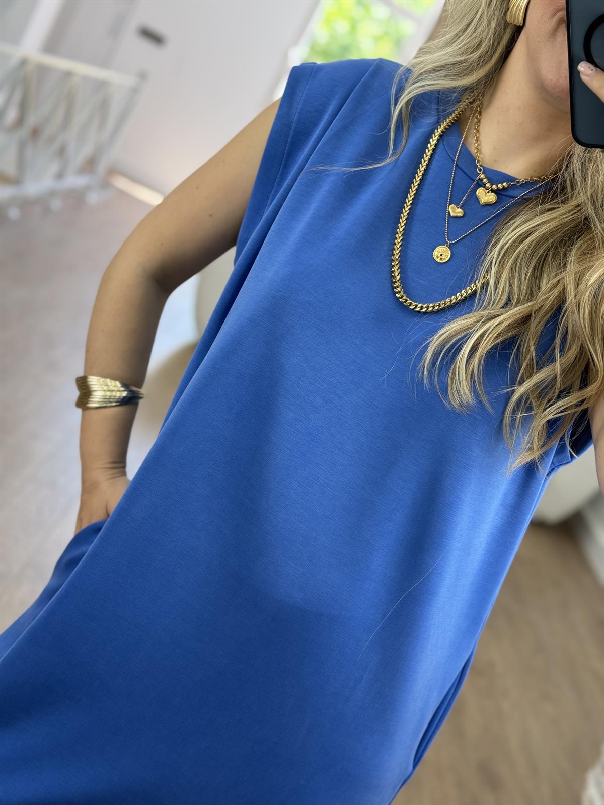 Omzu Pensli Maxi Boy Modal Elbise-Mavi