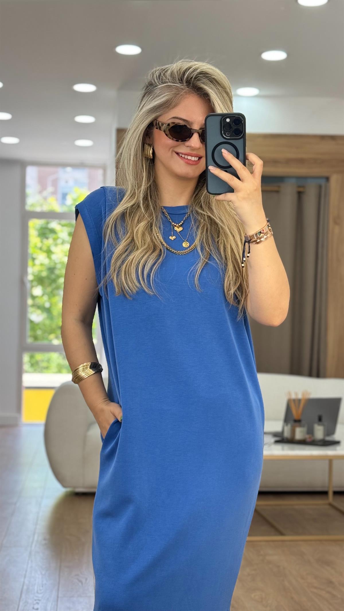 Omzu Pensli Maxi Boy Modal Elbise-Mavi