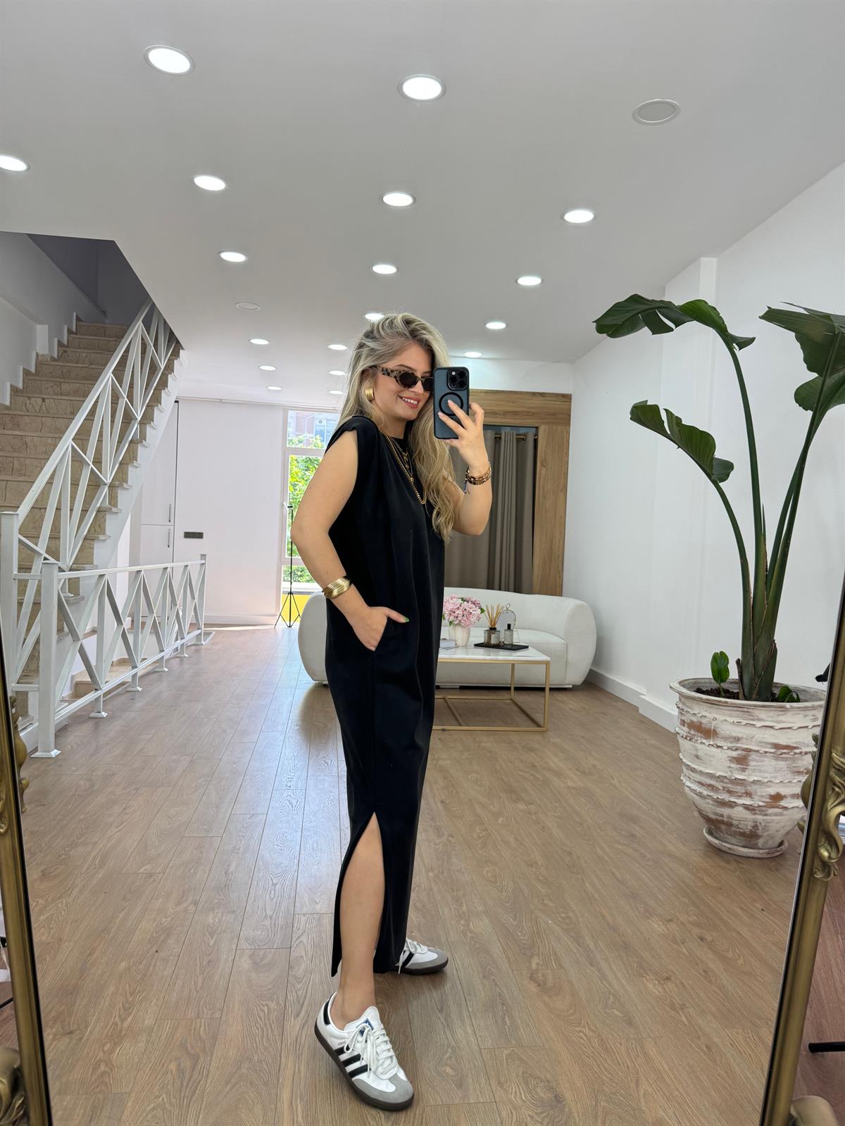 Omzu Pensli Maxi Boy Modal Elbise-Siyah