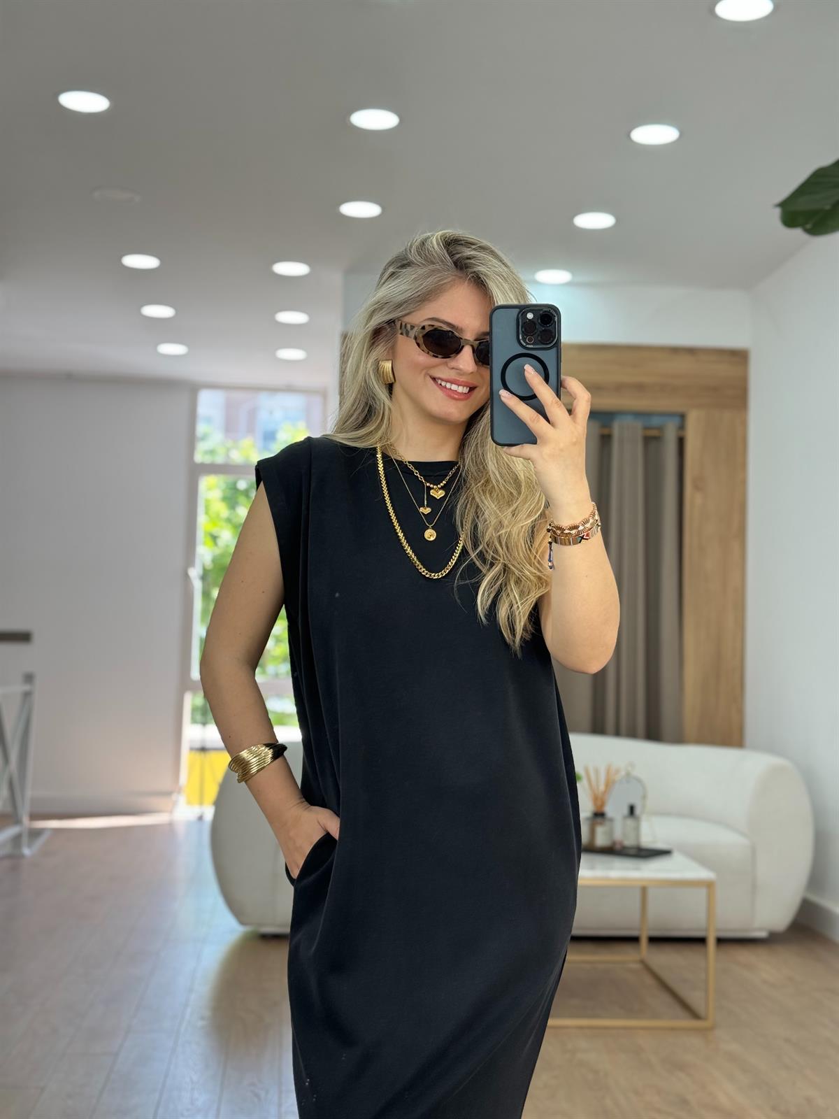 Omzu Pensli Maxi Boy Modal Elbise-Siyah