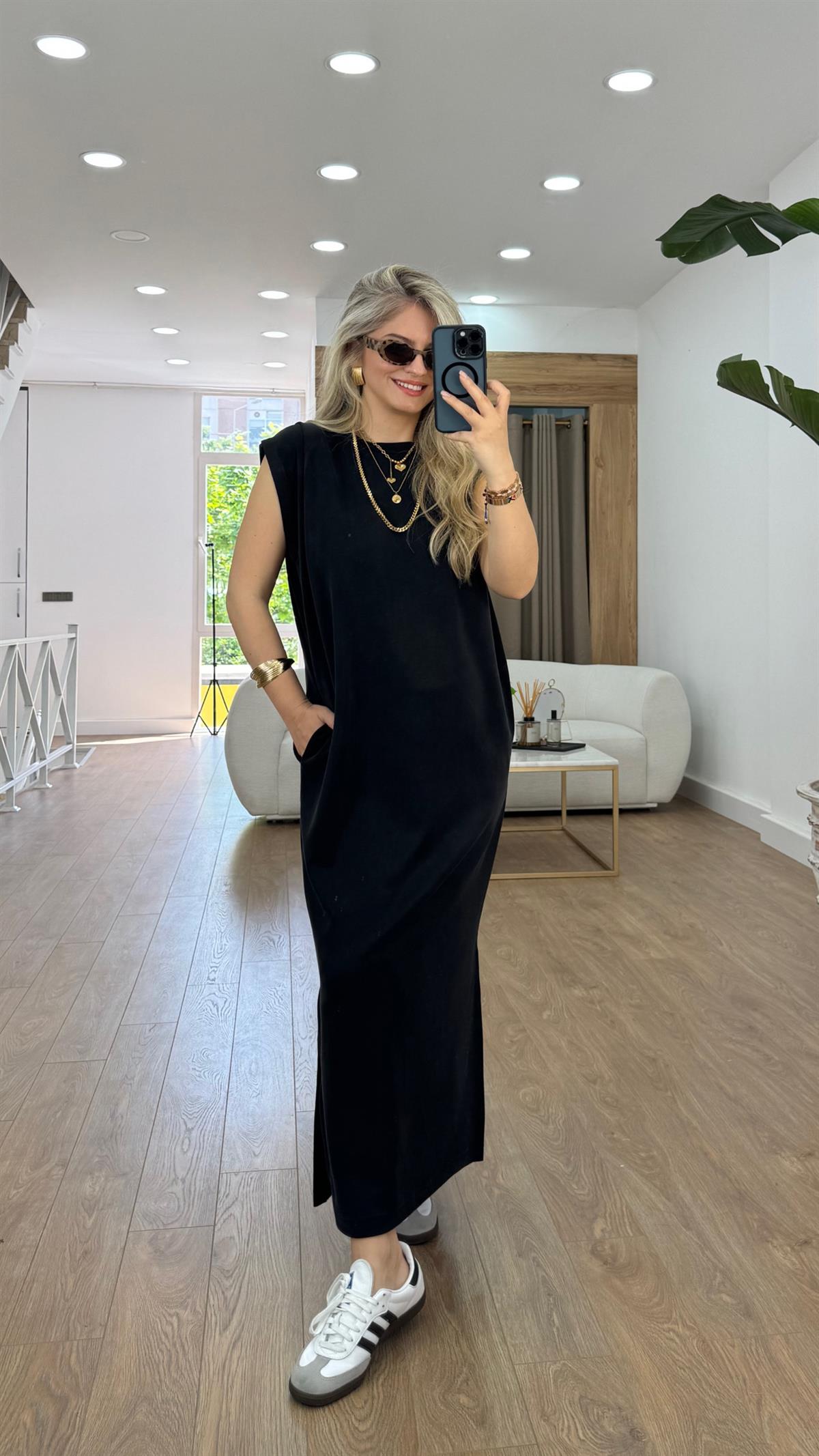 Omzu Pensli Maxi Boy Modal Elbise-Siyah