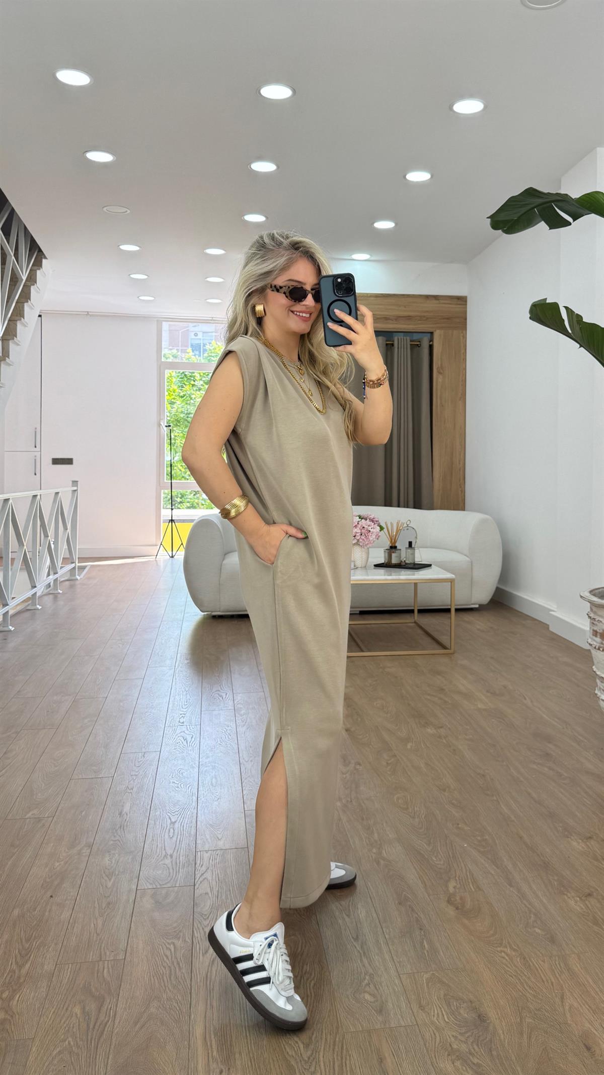 Omzu Pensli Maxi Boy Modal Elbise-Taş