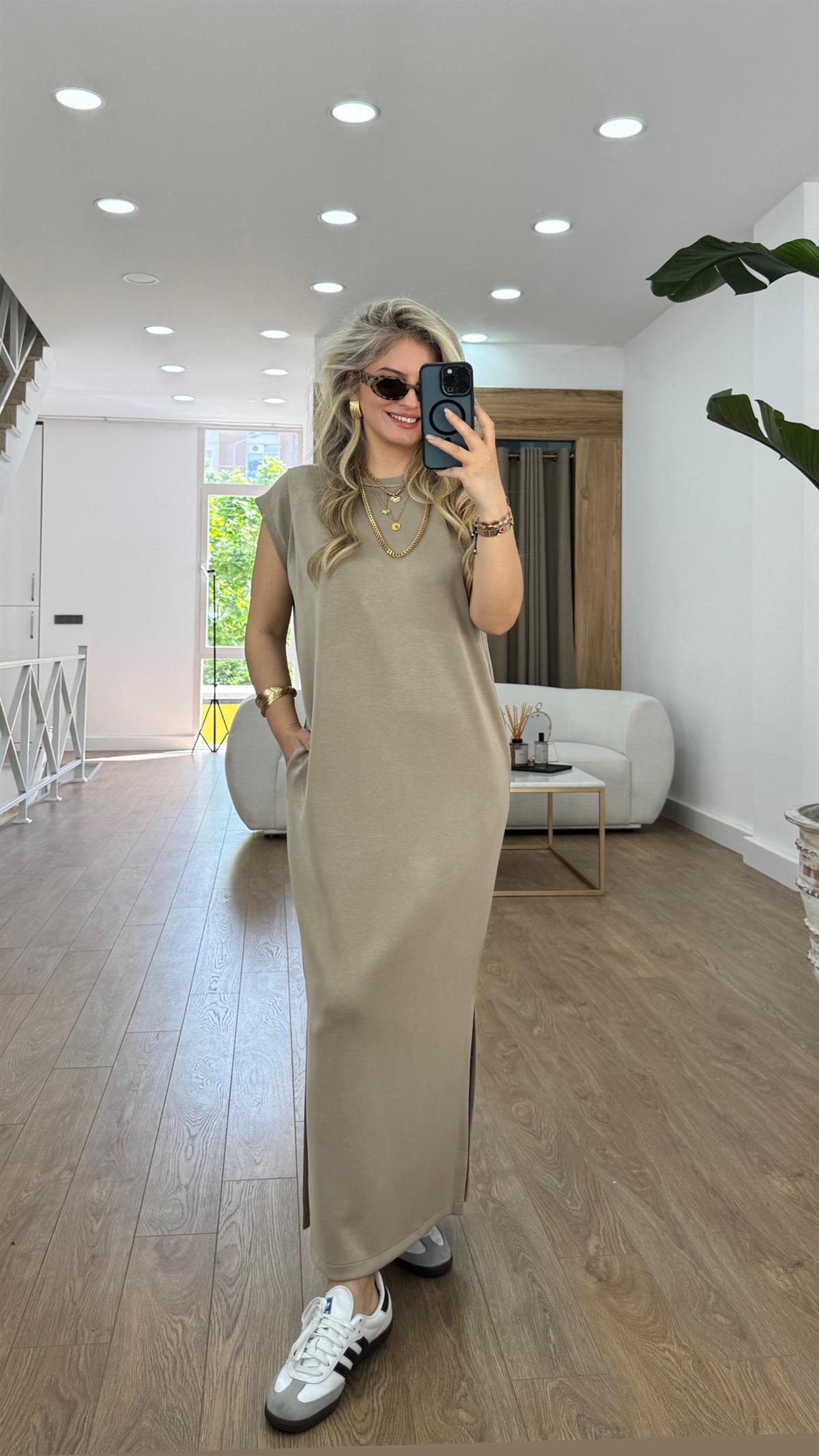 Omzu Pensli Maxi Boy Modal Elbise-Taş