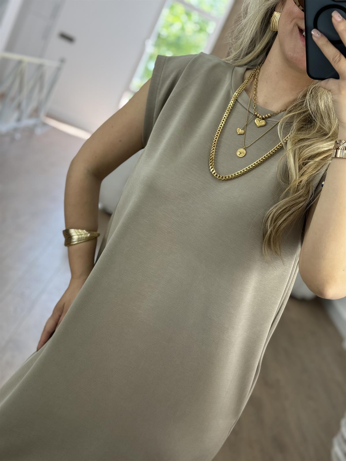 Omzu Pensli Maxi Boy Modal Elbise-Taş