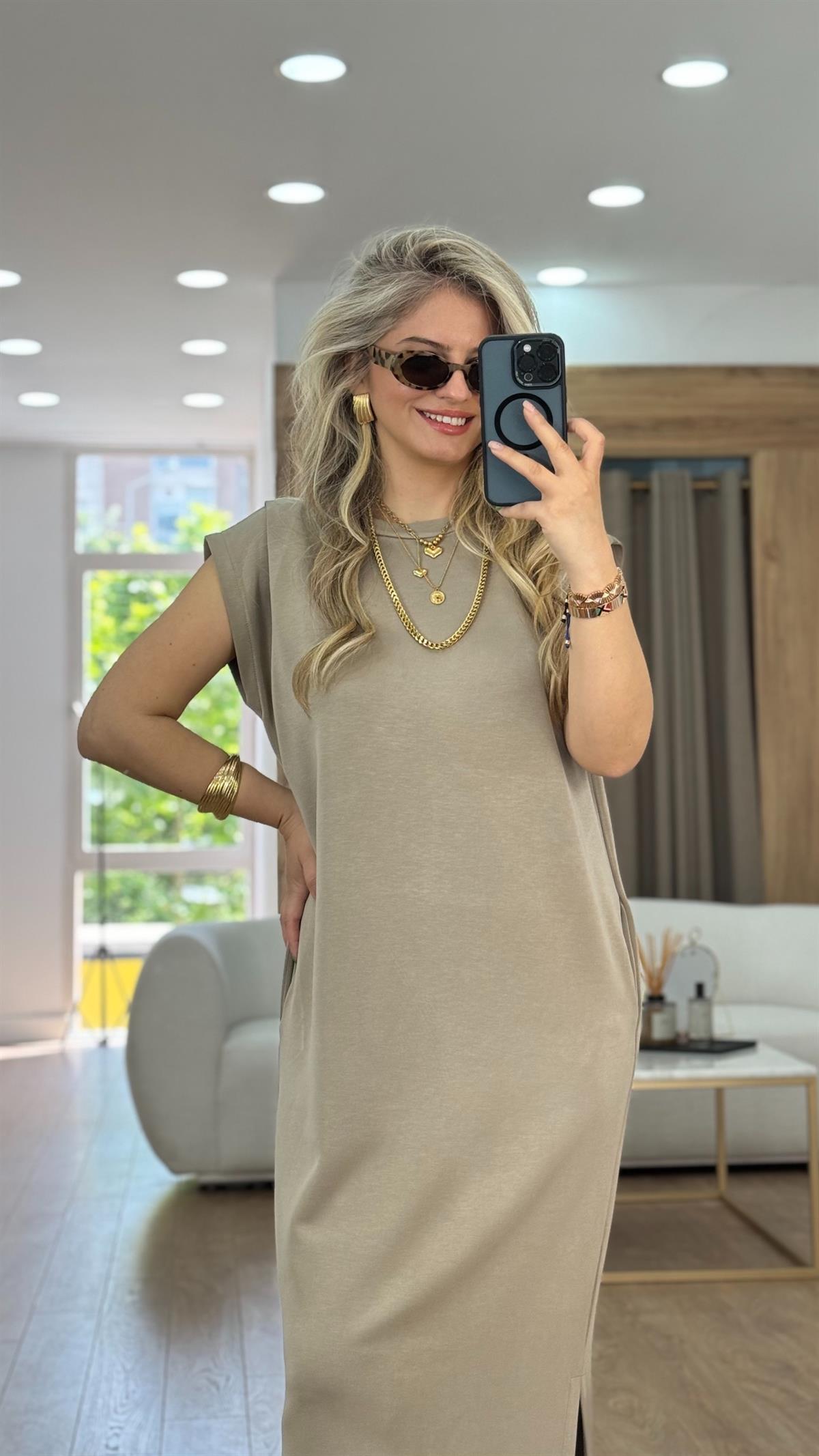 Omzu Pensli Maxi Boy Modal Elbise-Taş