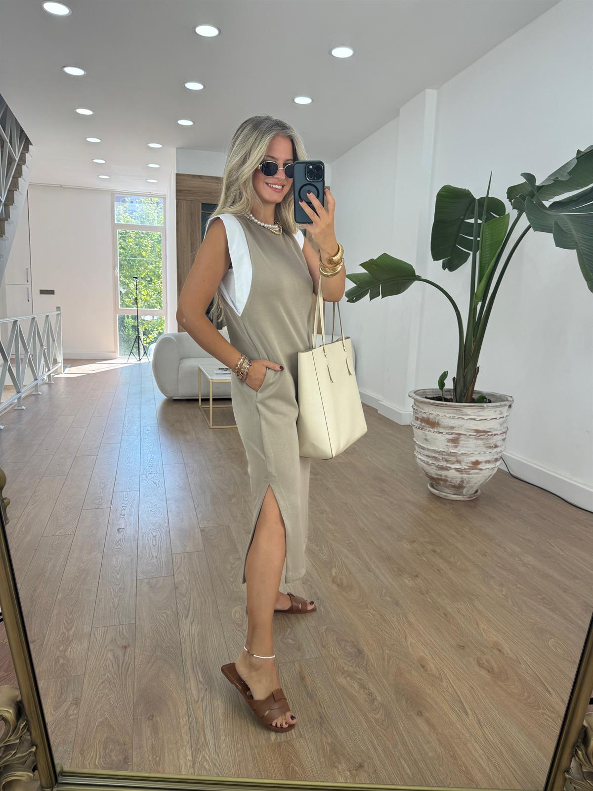 Omzu Poplin Detaylı Modal Elbise-Bej