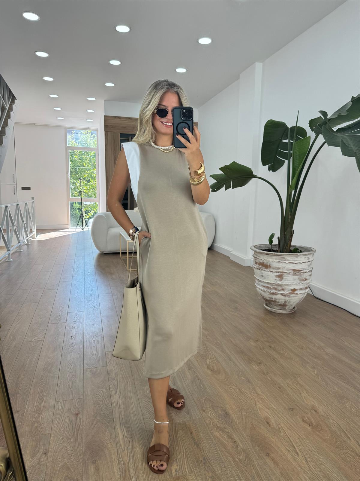 Omzu Poplin Detaylı Modal Elbise-Bej