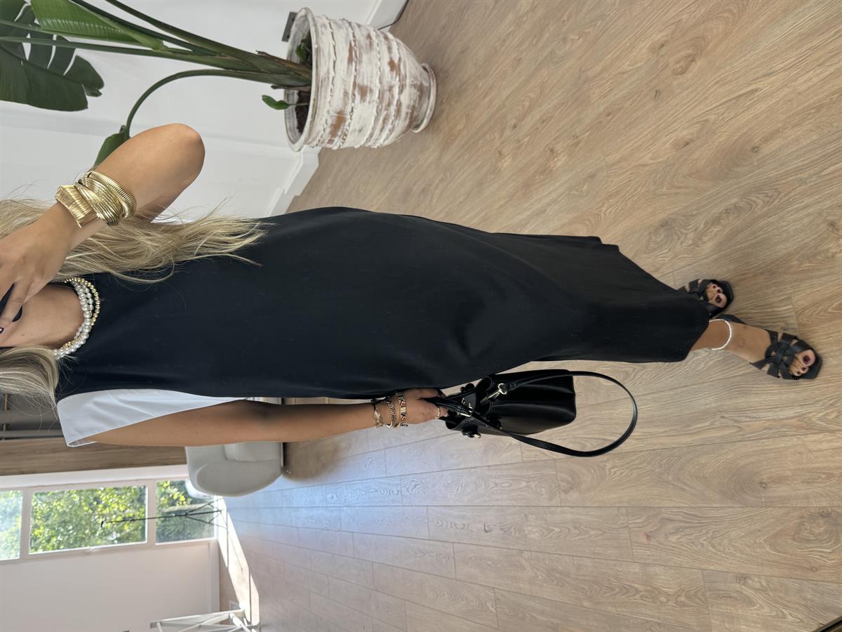 Omzu Poplin Detaylı Modal Elbise-Siyah