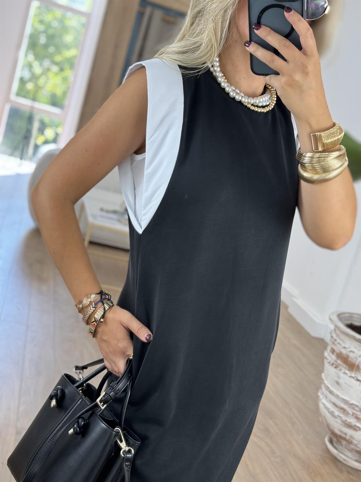 Omzu Poplin Detaylı Modal Elbise-Siyah