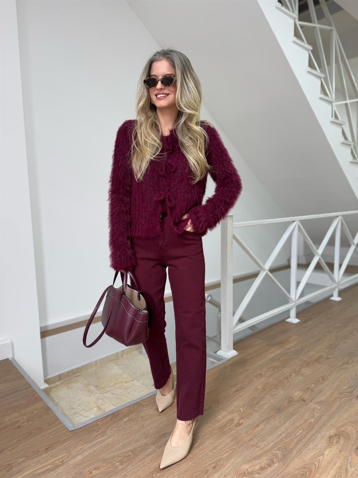 Önden Bağlamalı Saçaklı Hırka - Bordo