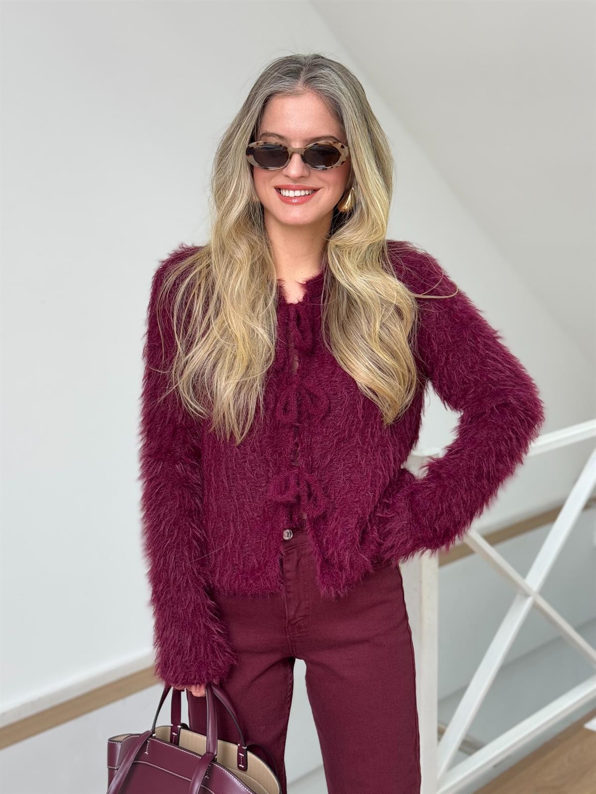 Önden Bağlamalı Saçaklı Hırka - Bordo