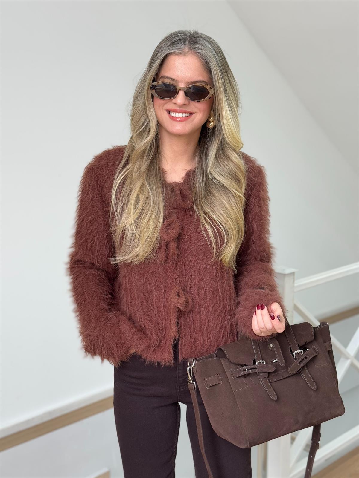 Önden Bağlamalı Saçaklı Hırka - Kahverengi