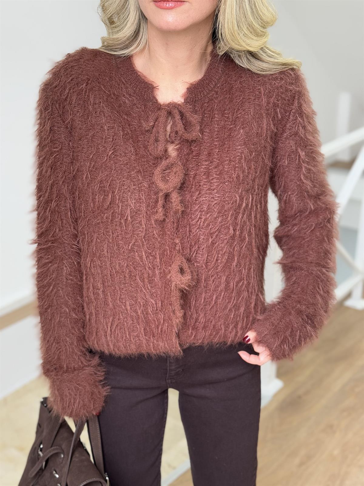 Önden Bağlamalı Saçaklı Hırka - Kahverengi