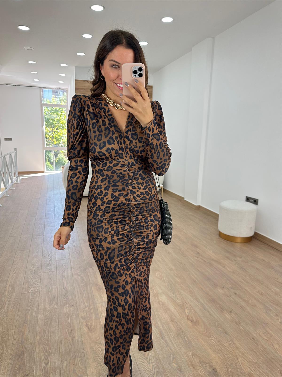 Önden Büzgülü Leopar Desenli Elbise