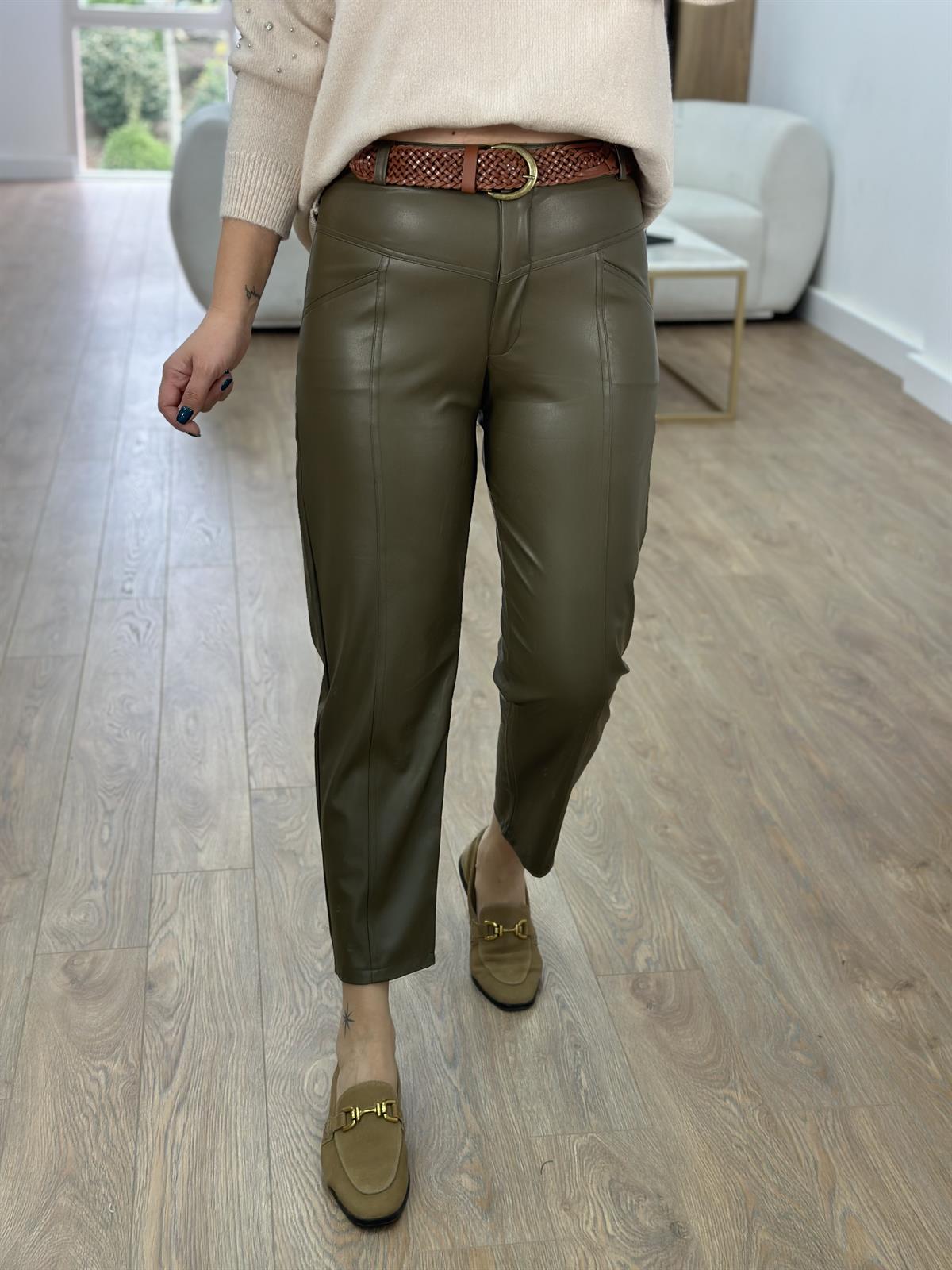 Önden Dikiş Detaylı Cepli Deri Pantolon-Haki