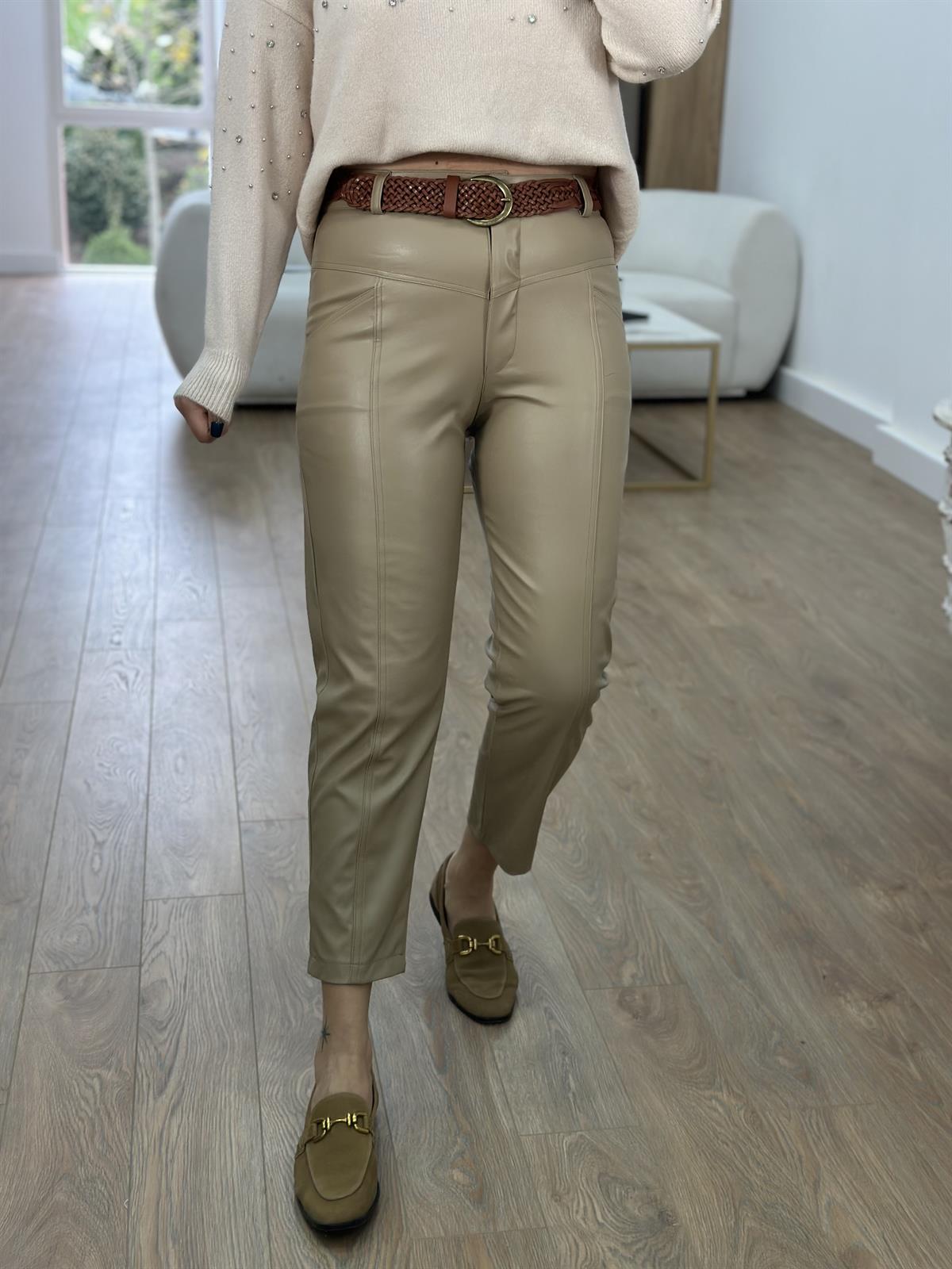 Önden Dikiş Detaylı Cepli Deri Pantolon-Vizon