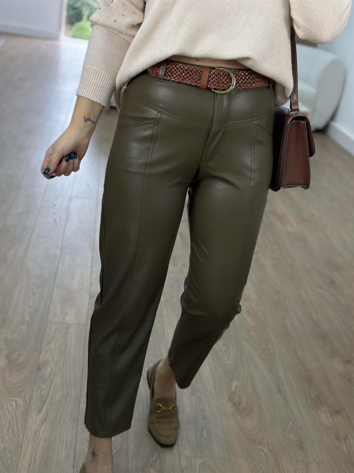Önden Dikiş Detaylı Cepli Deri Pantolon-Haki