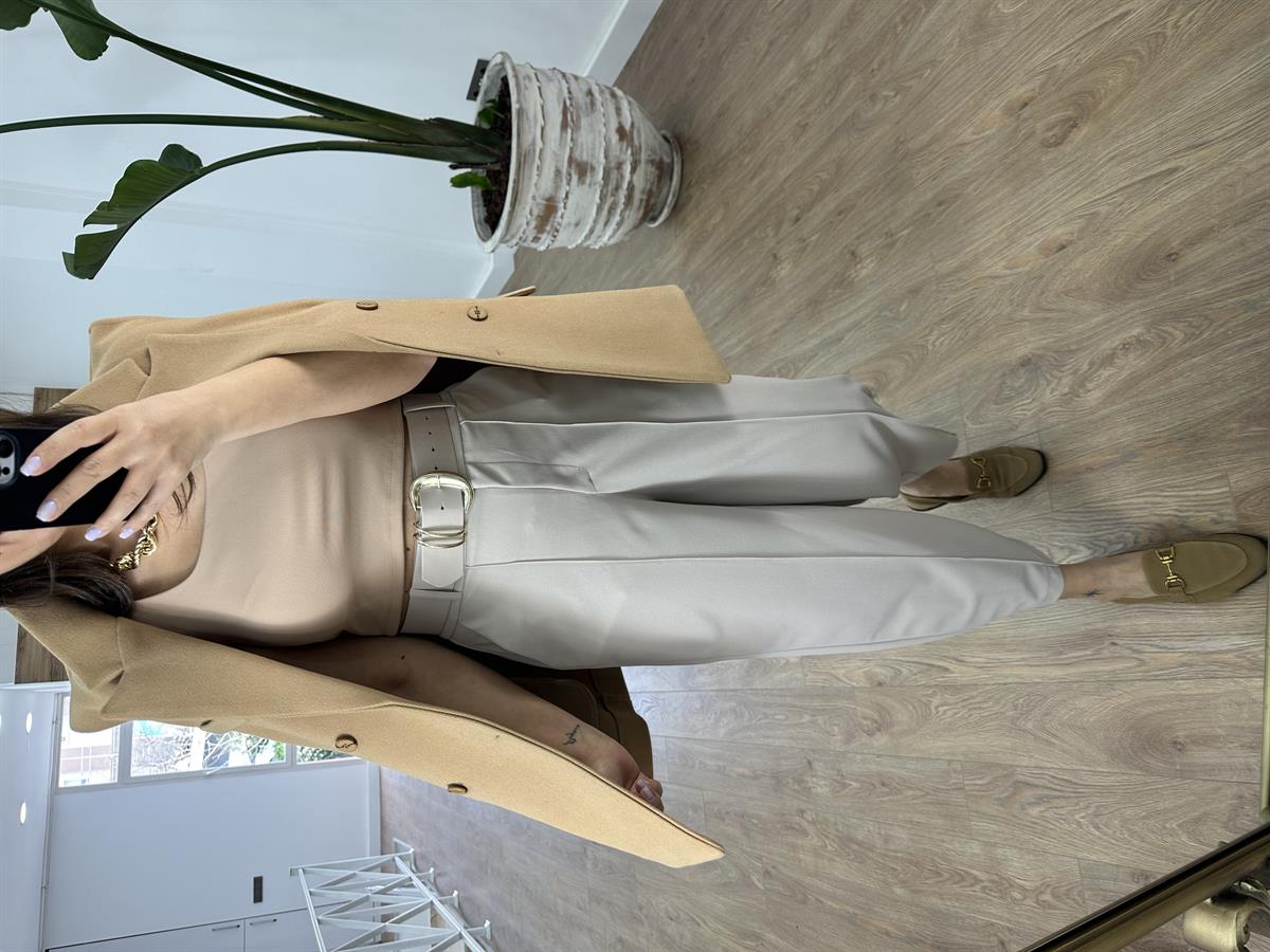 Önden Dikişli Kendinden Kemerli Havuç Pantolon-Taş