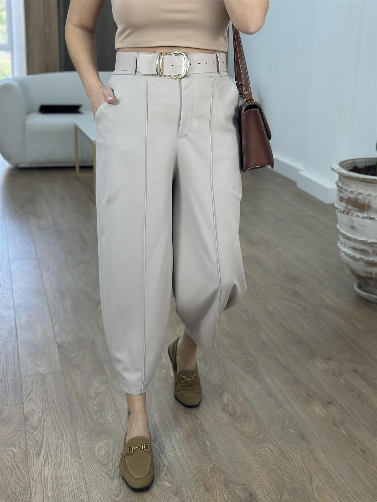 Önden Dikişli Kendinden Kemerli Havuç Pantolon-Taş