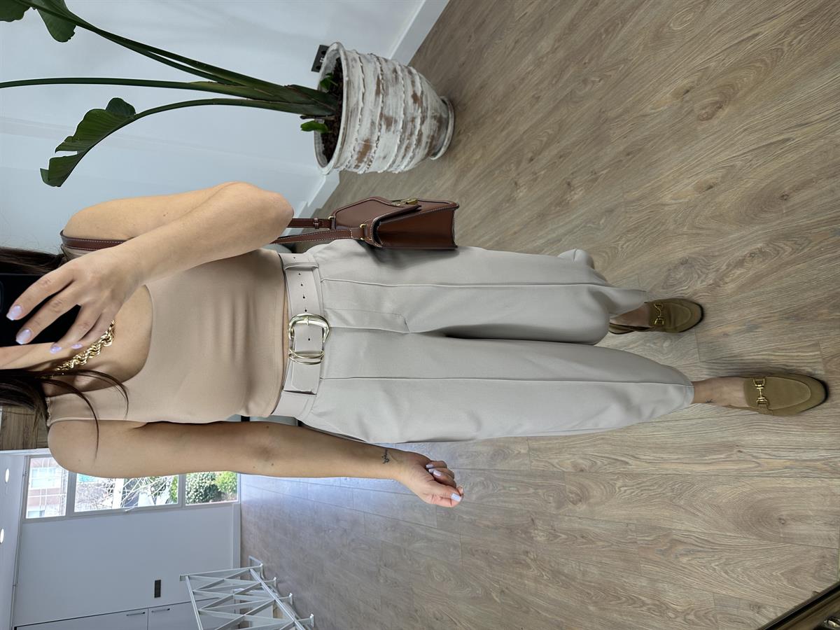 Önden Dikişli Kendinden Kemerli Havuç Pantolon-Taş