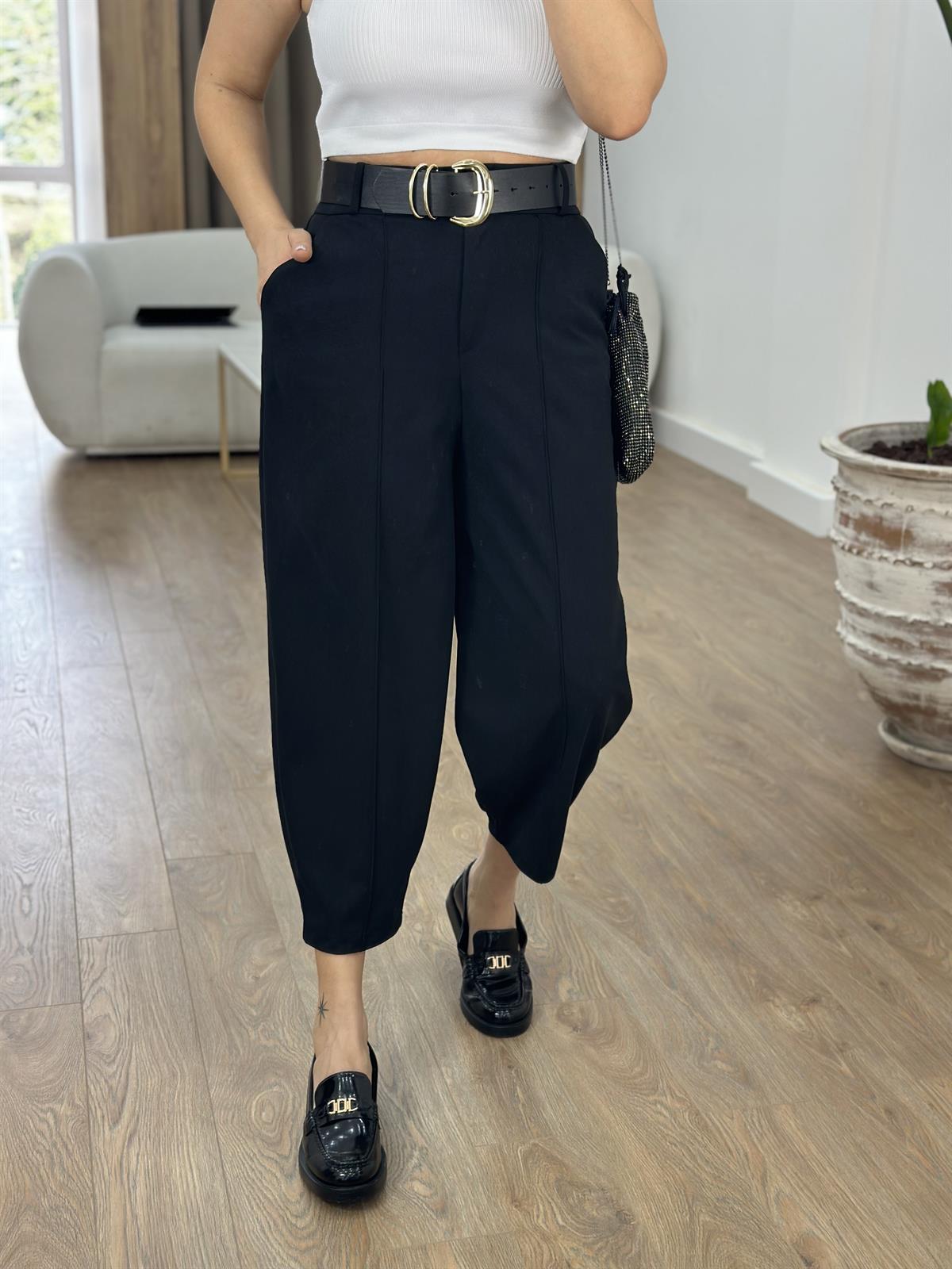 Önden Dikişli Kendinden Kemerli Havuç Pantolon-Siyah