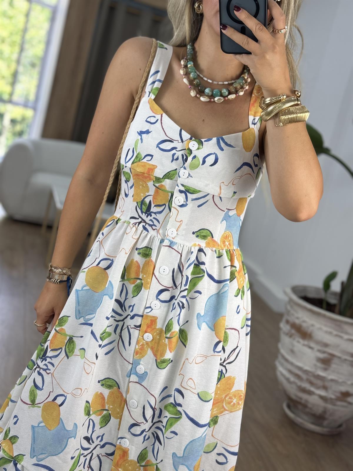 Önden Düğmeli Askılı Limon Desenli Elbise