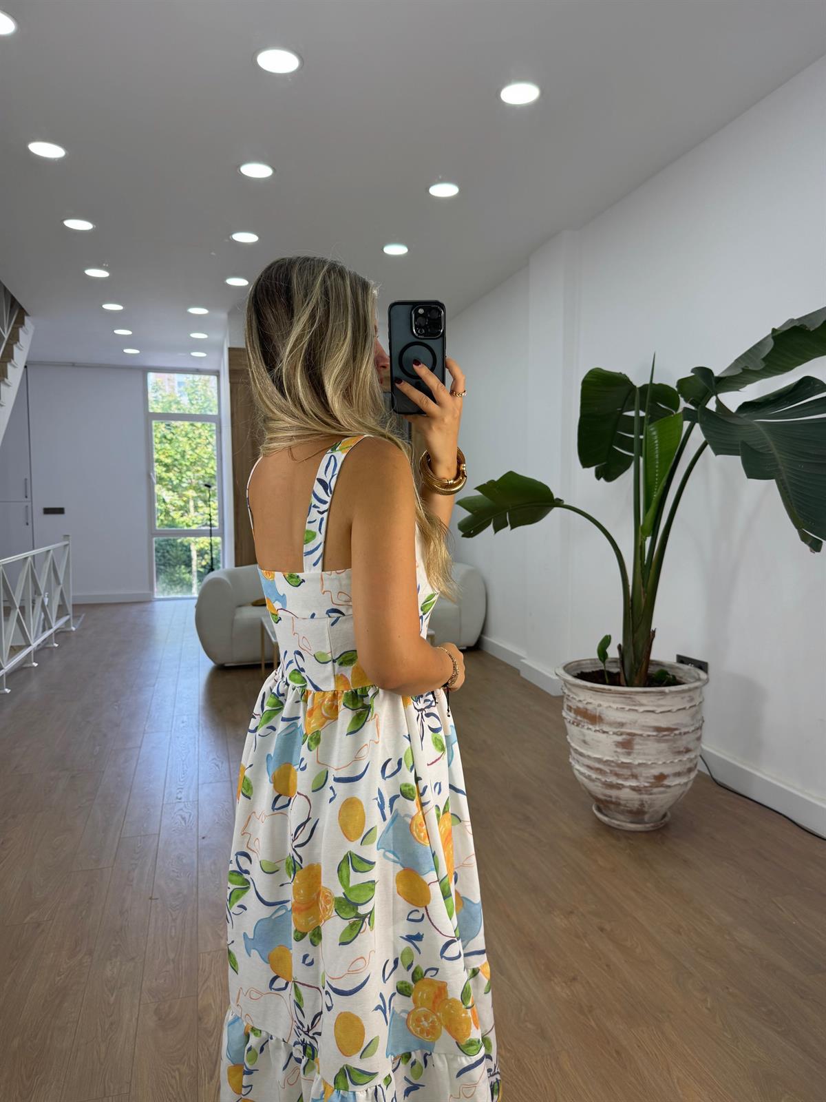 Önden Düğmeli Askılı Limon Desenli Elbise