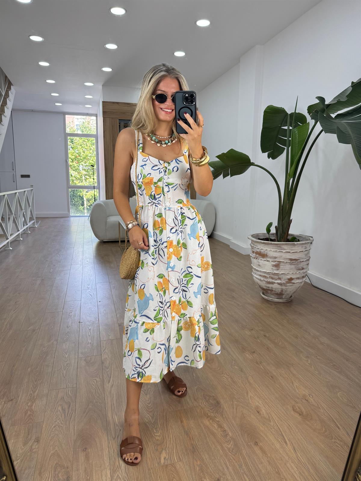 Önden Düğmeli Askılı Limon Desenli Elbise