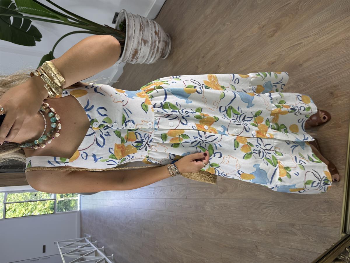 Önden Düğmeli Askılı Limon Desenli Elbise