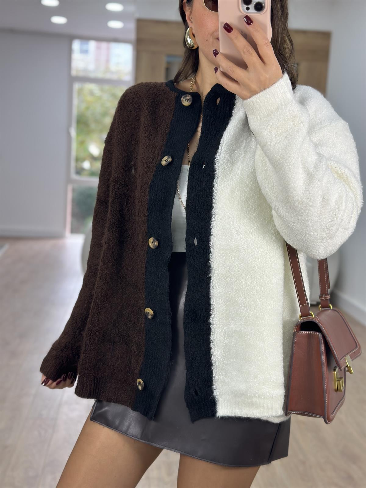 Önden Düğmeli Blok Renkli Teddy Ceket-Kahverengi