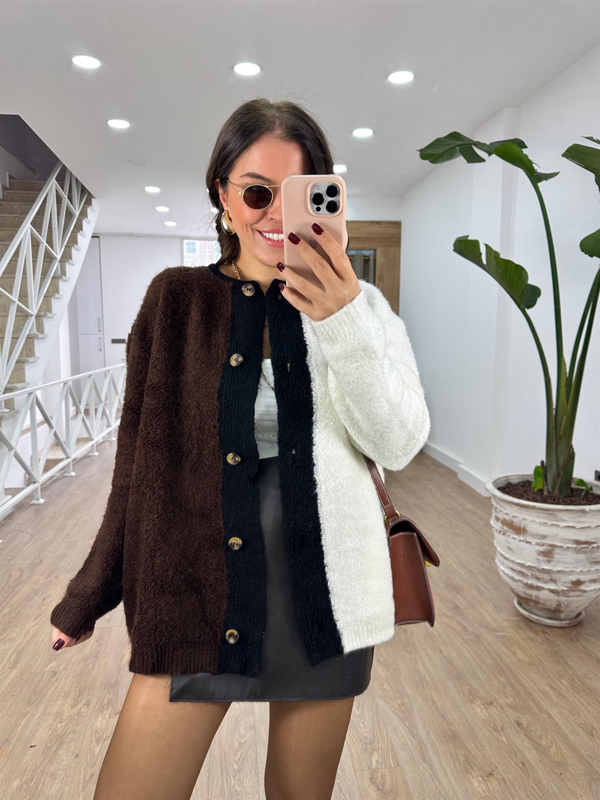 Önden Düğmeli Blok Renkli Teddy Ceket-Kahverengi