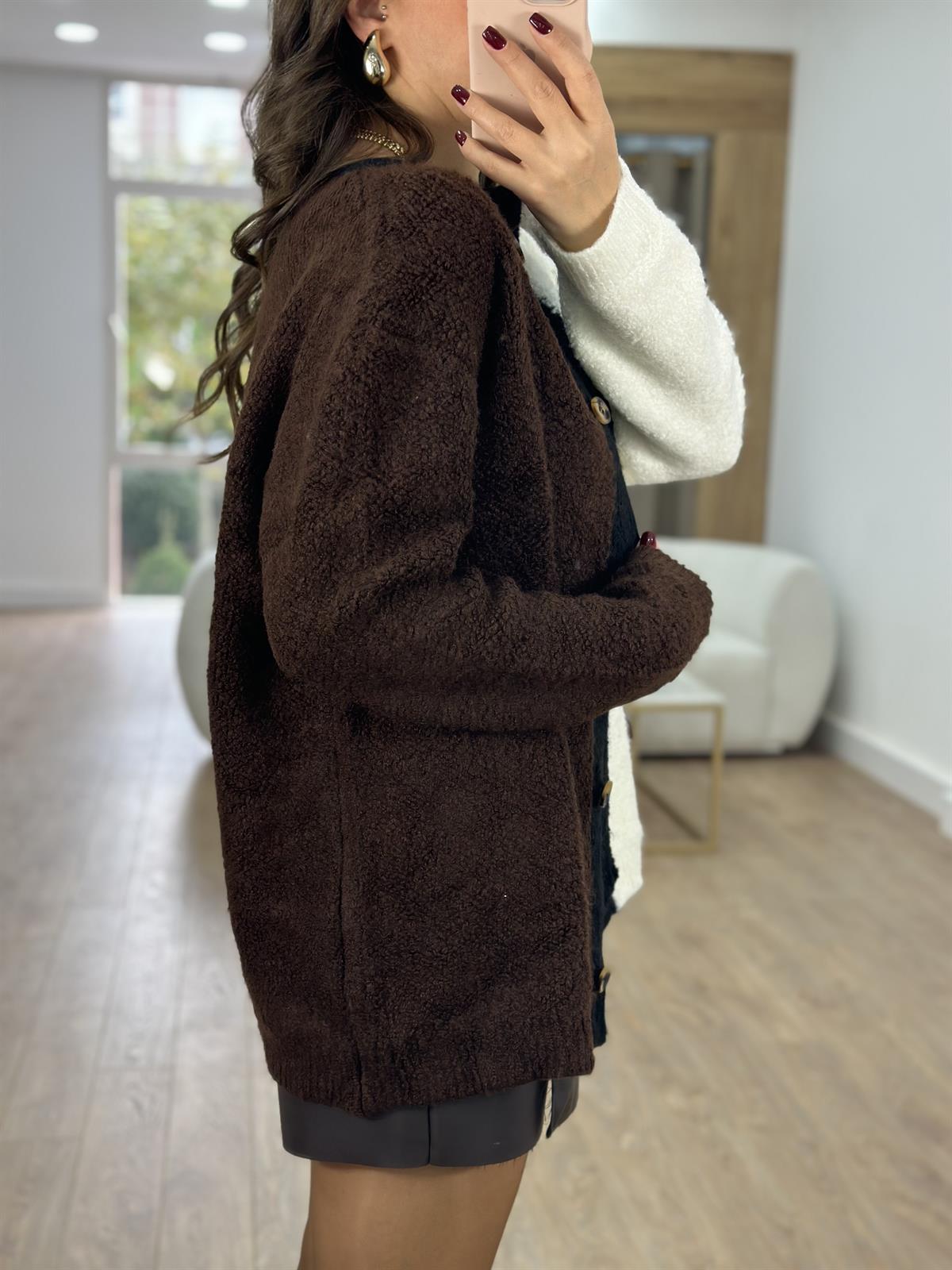 Önden Düğmeli Blok Renkli Teddy Ceket-Kahverengi