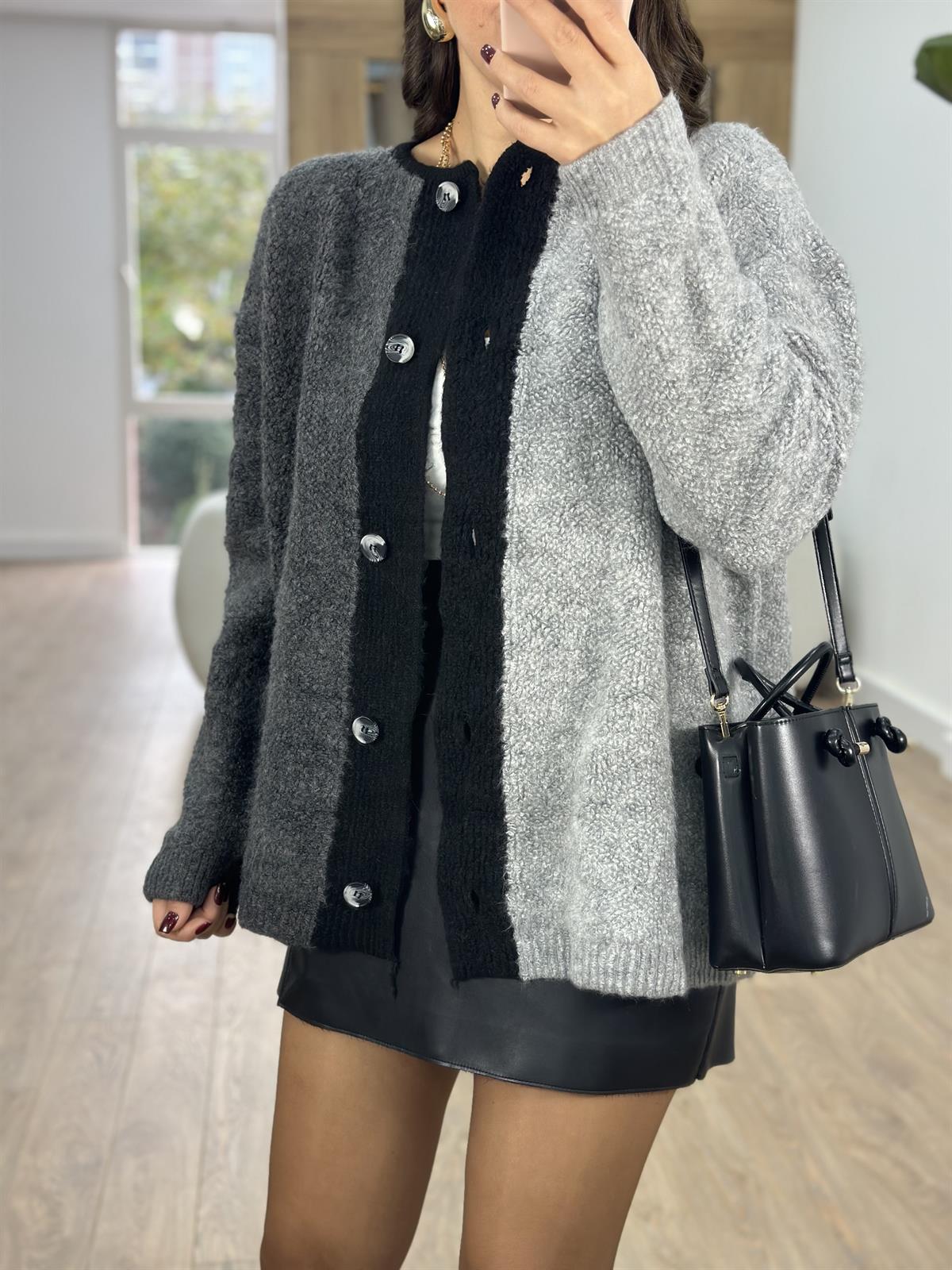 Önden Düğmeli Blok Renkli Teddy Ceket-Gri