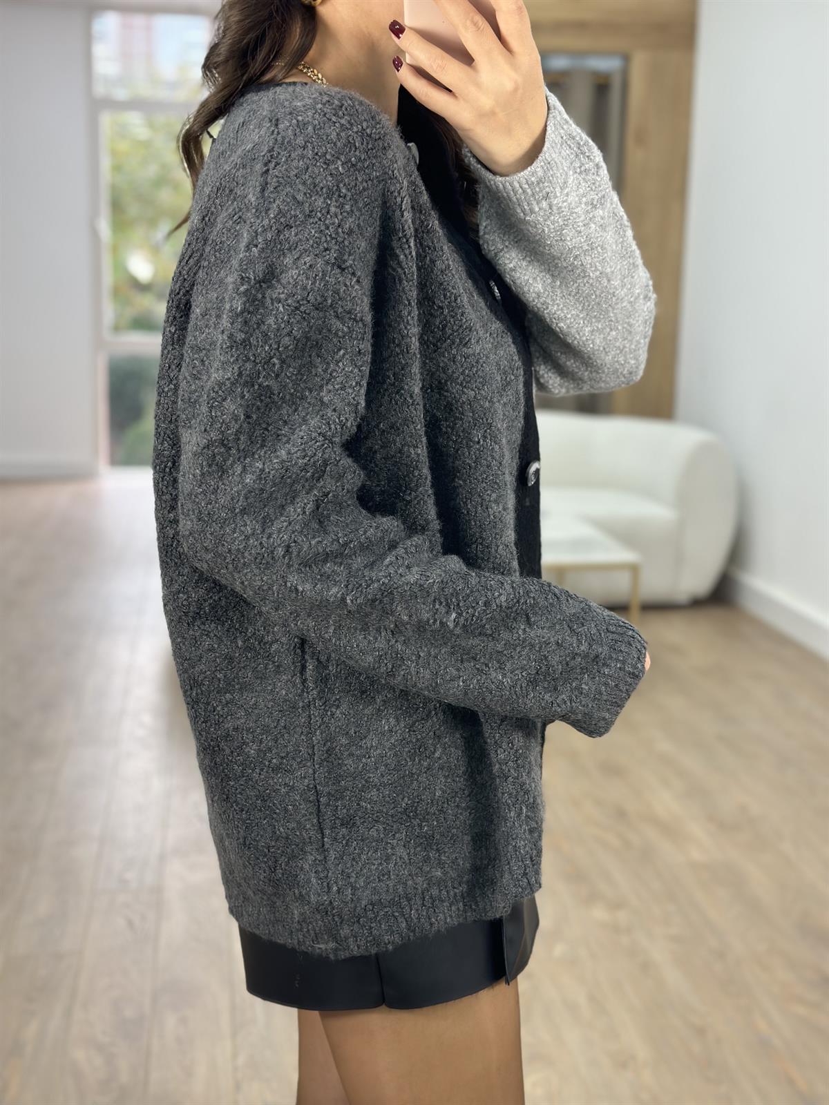 Önden Düğmeli Blok Renkli Teddy Ceket-Gri