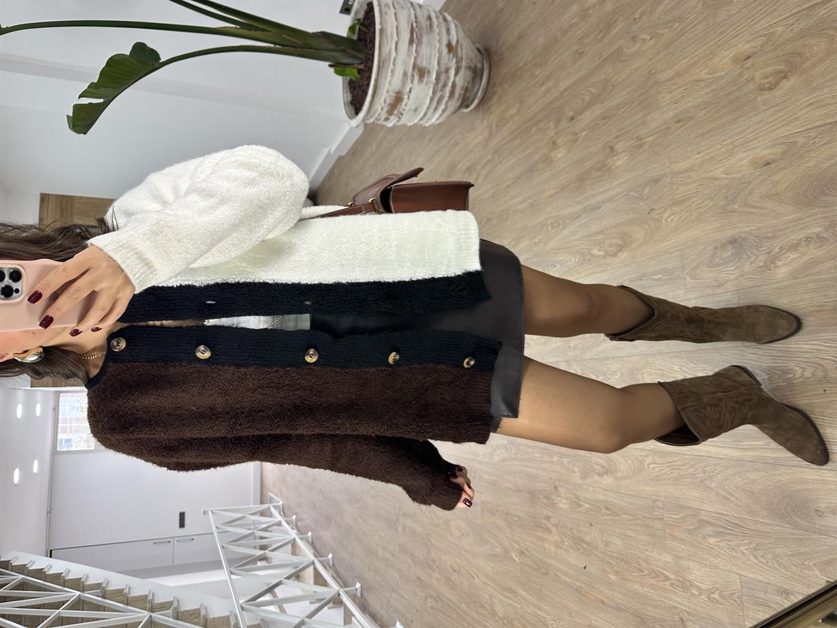 Önden Düğmeli Blok Renkli Teddy Ceket-Kahverengi