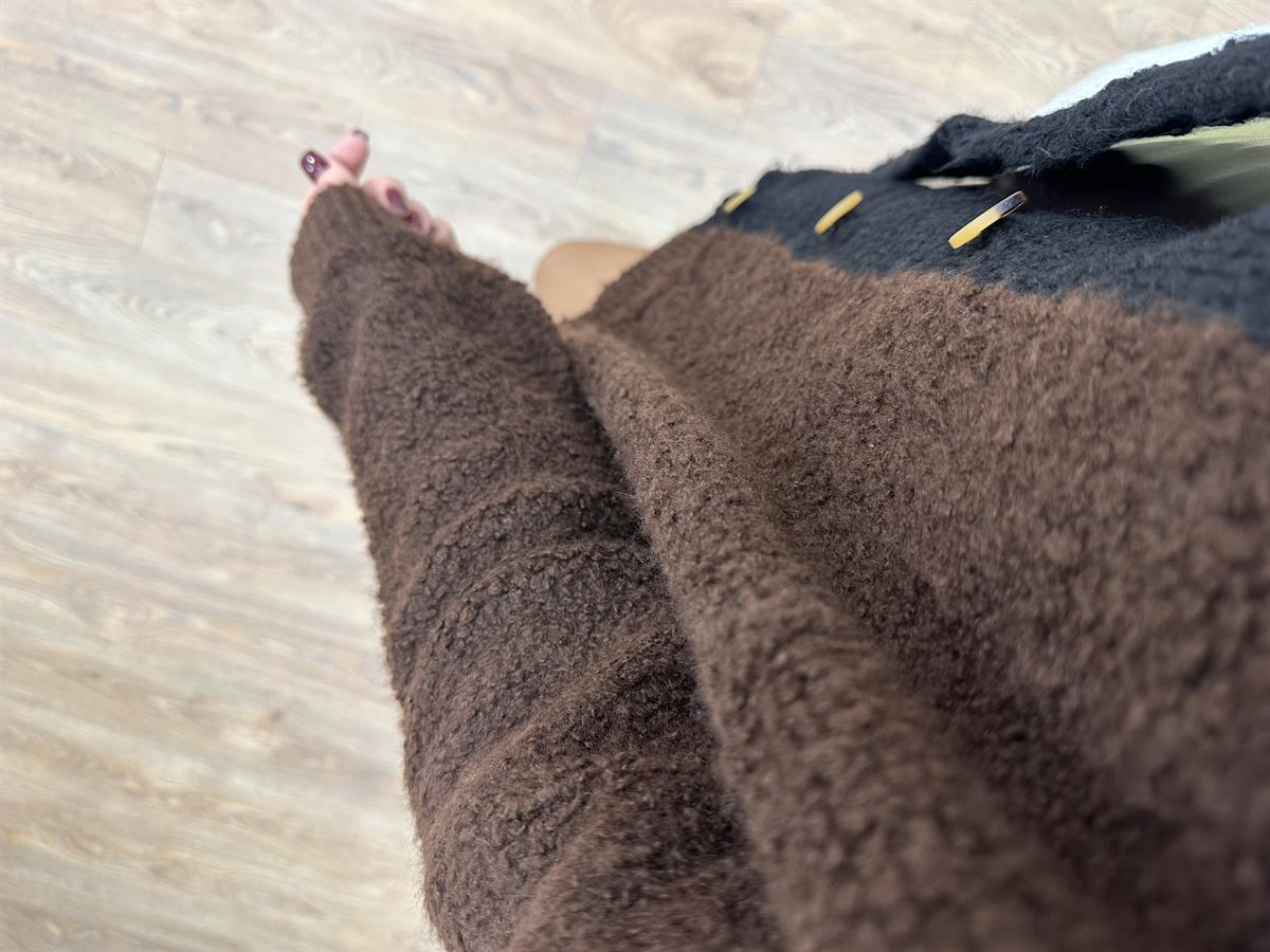 Önden Düğmeli Blok Renkli Teddy Ceket-Kahverengi