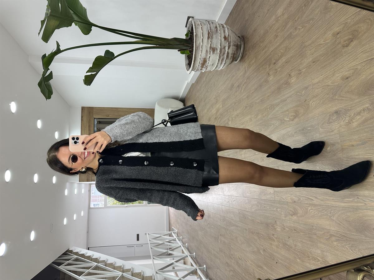 Önden Düğmeli Blok Renkli Teddy Ceket-Gri