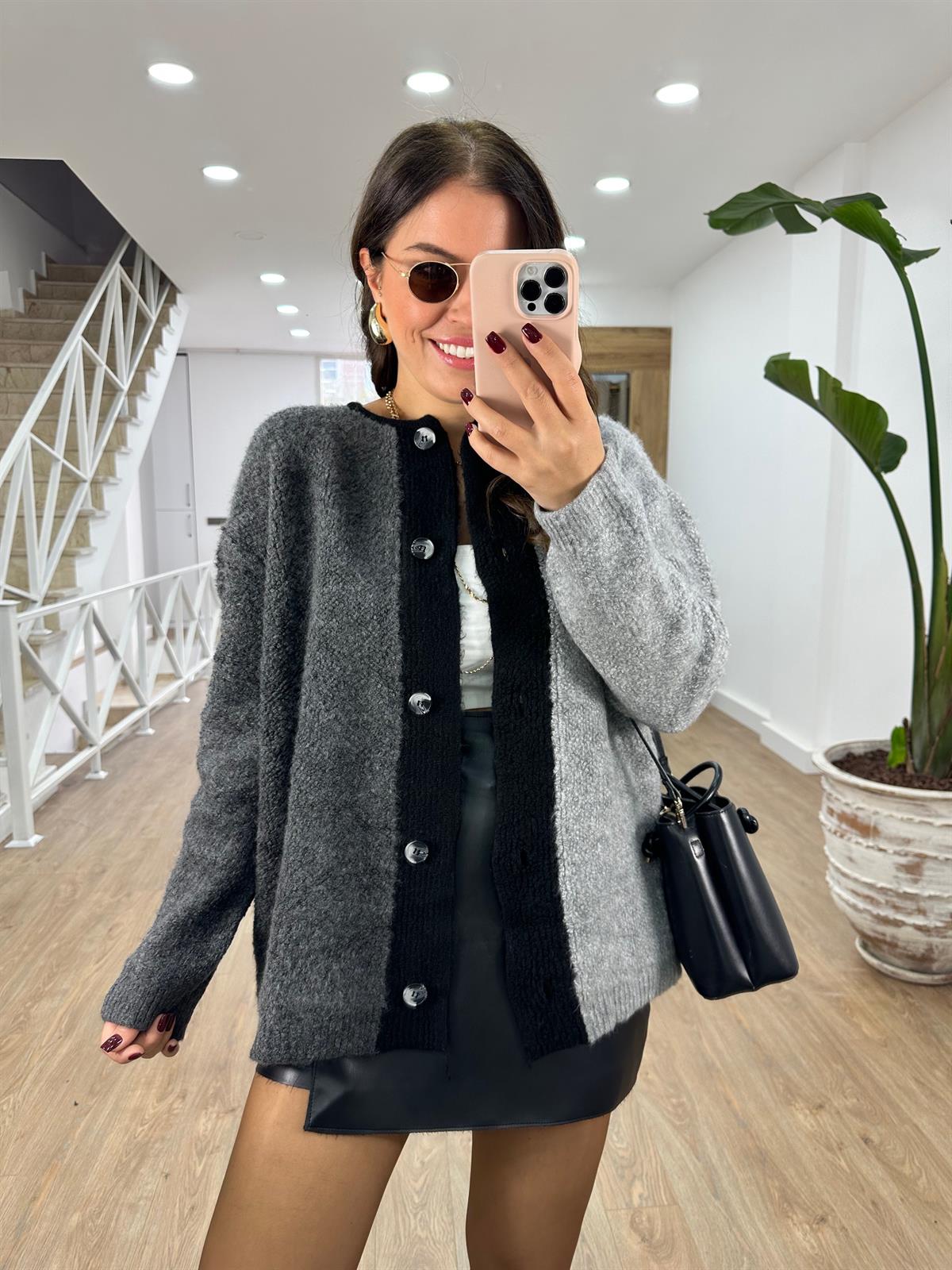 Önden Düğmeli Blok Renkli Teddy Ceket-Gri