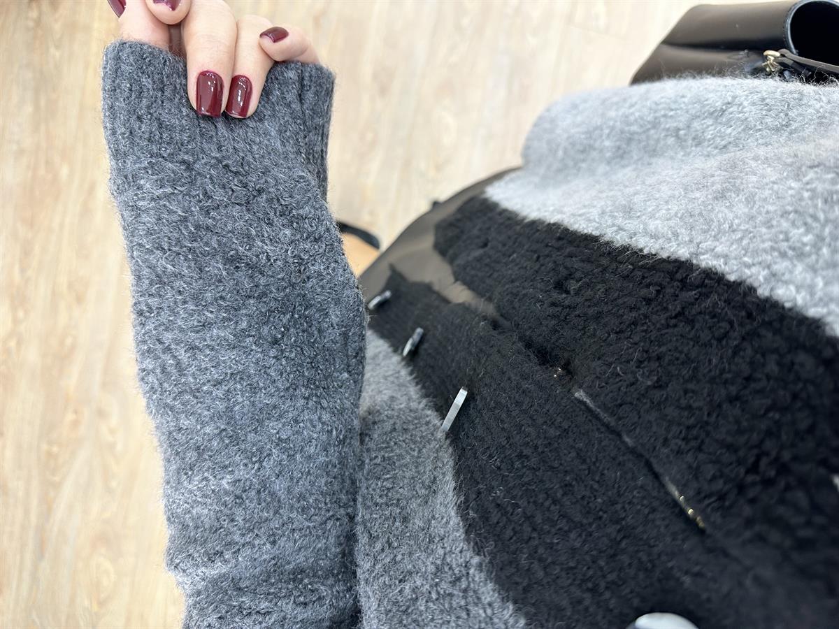 Önden Düğmeli Blok Renkli Teddy Ceket-Gri