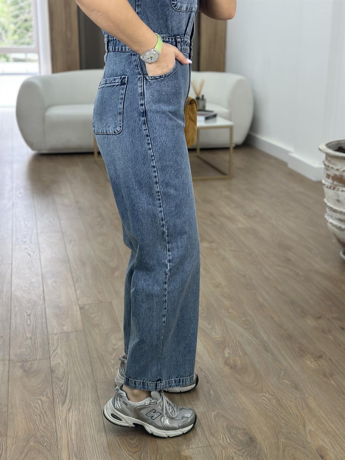 Önden Düğmeli Kısa Kollu Denim Tulum